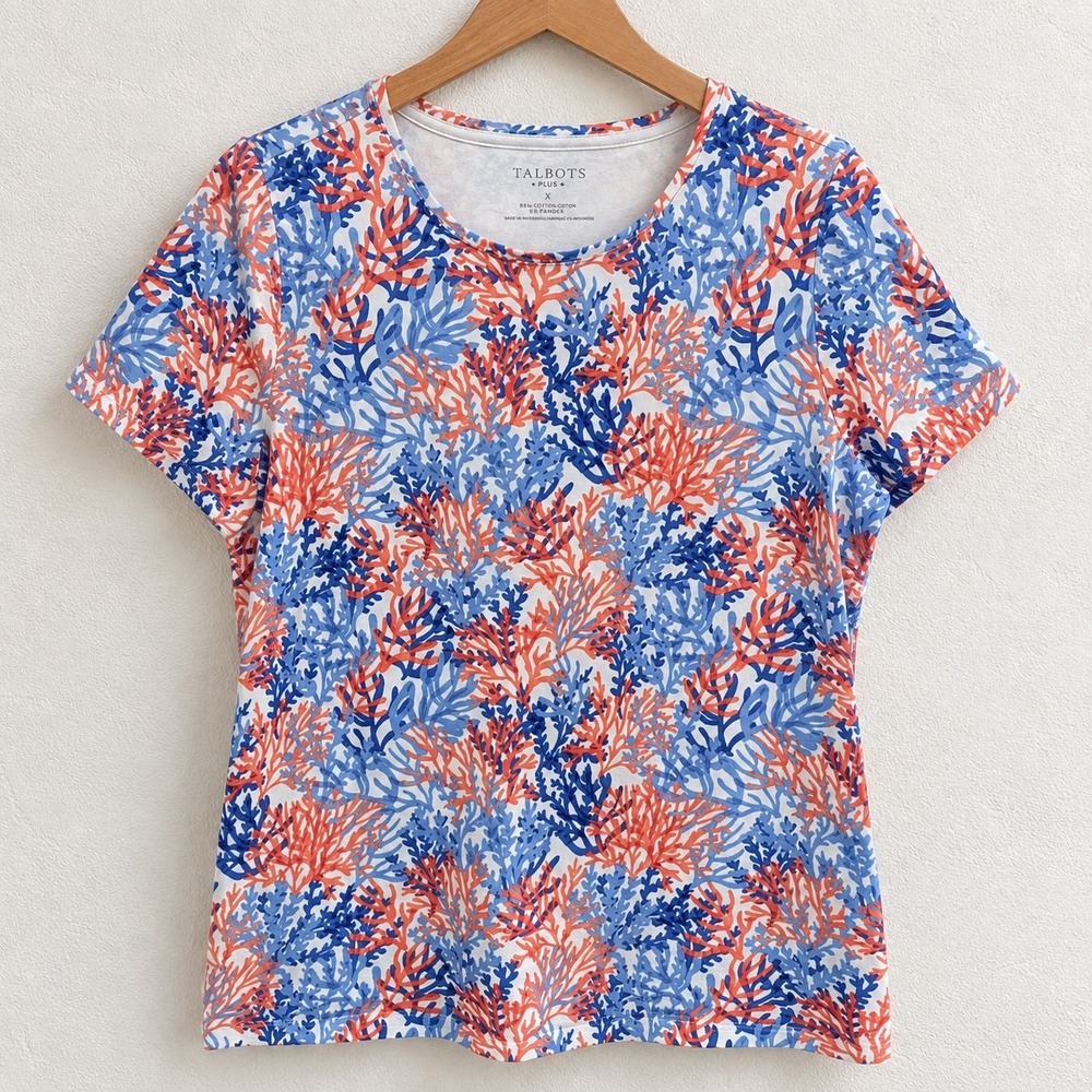 Talbots Plus Womens X Blue Orange Coral Reef Print Cotton Spandex T Shirt Tee